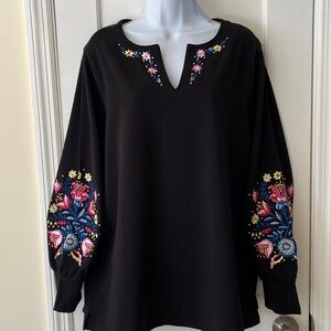 NWT Quacker Factory, Cotton Embellished Tunic Top Women’s 1X Black Multi Boho